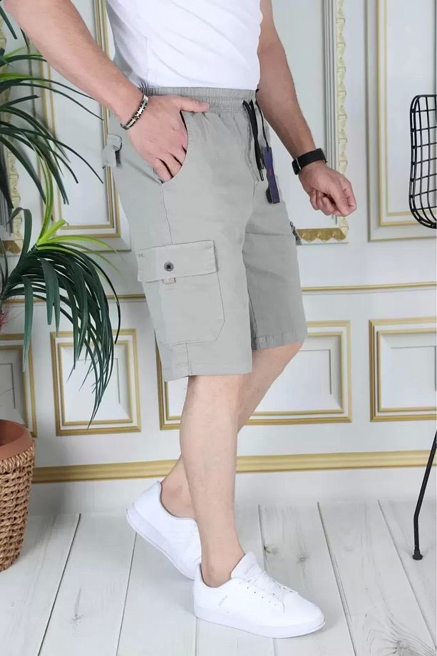 Erkek Su Yeşili Likralı Gabardin Şort Kargo Cepli Pamuklu Beli Lastikli Bağcıklı Basic Şort - 5