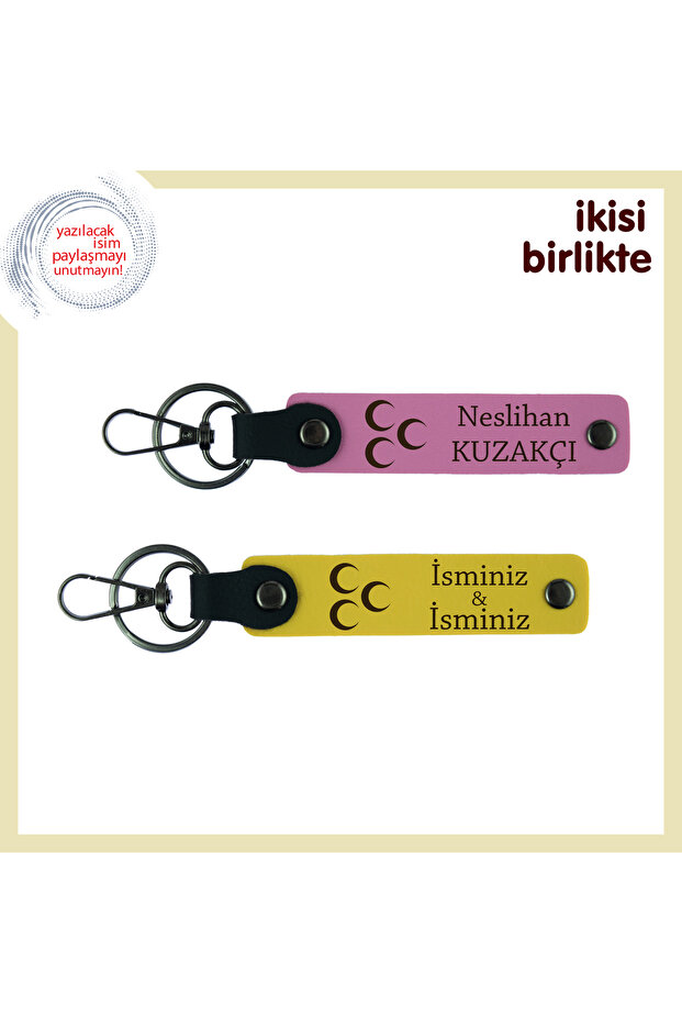 Team X2 Set, Pink-Yellow, Love Integrated Gift – Three Crescent Themed Leather Keychain
