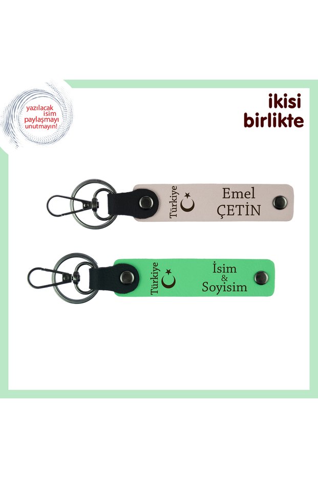 Gift Belonging to Love – Personal Leather Keychain with Crescent and Turkey Motif, Powder-Green