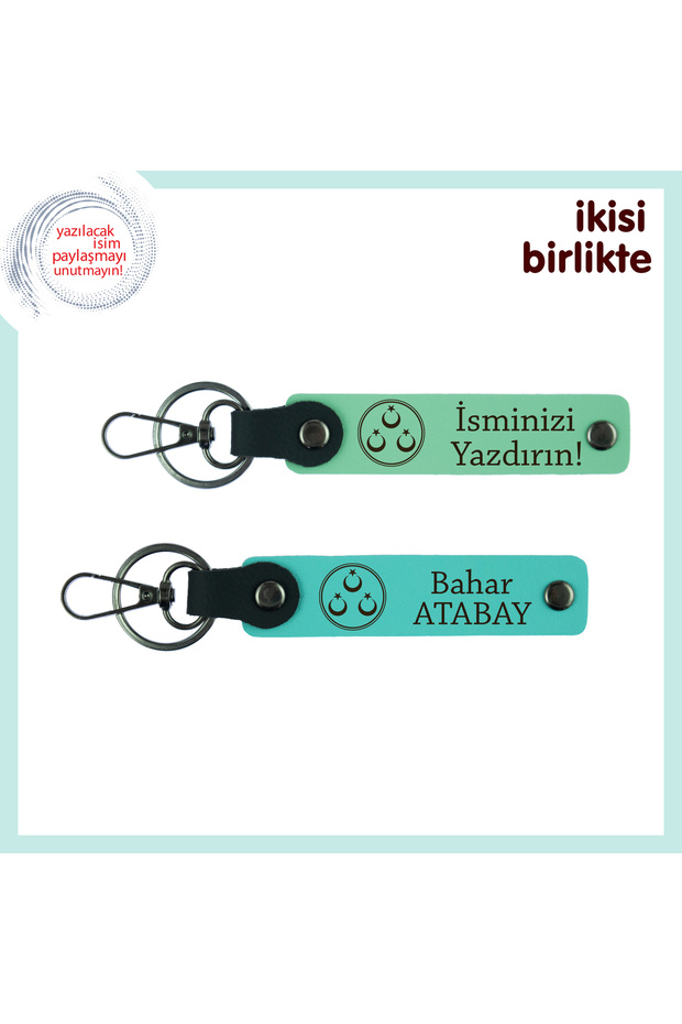 2-Piece Keychain, Light Green-Turquoise, Special for Wedding Anniversary Three Star Star Themed Personal Name Written