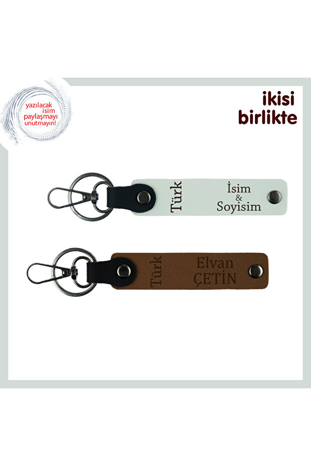 Special Gift for Sparkling Special Turkish Text Themed First Name Surname Written Keychain Set, White-Brown