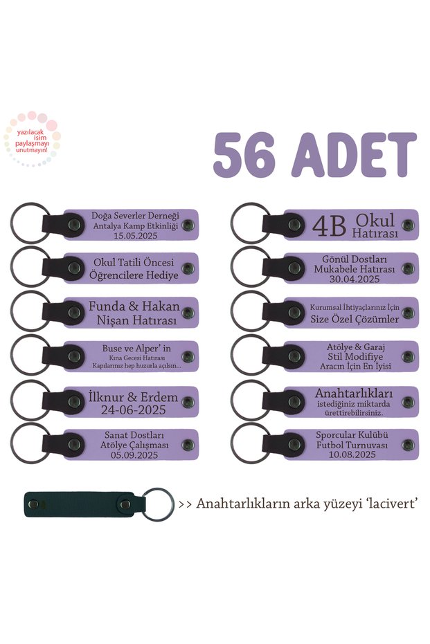 Promotional Gift for Special Courses Set of 56, Leather Keychain with Company-Specific Writing, Purple & Navy Blue