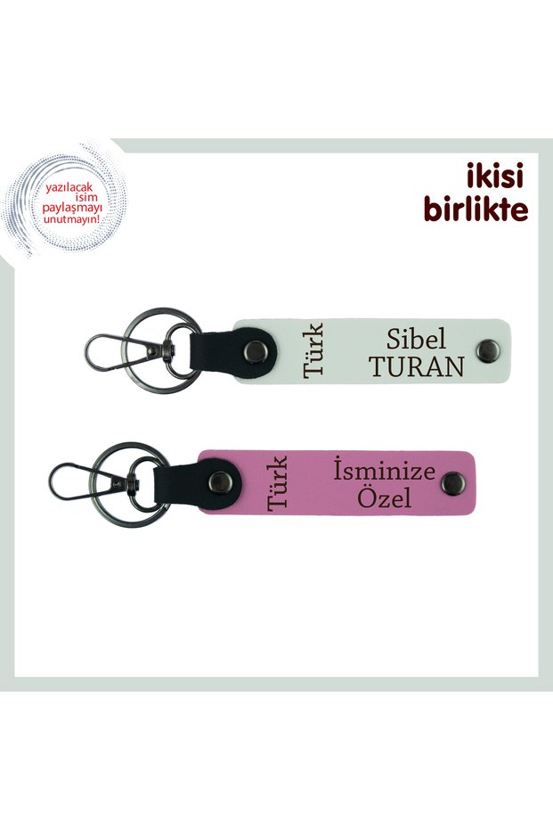 Special Gift – Turkish Text, Name and Surname Can Be Written 2-Piece Keychain, White-Pink