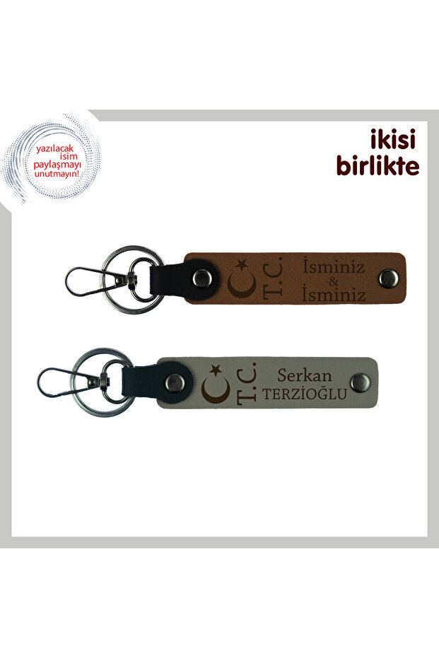 Moon Star Tc Patterned 2-Piece Keychain Set with First Name and Last Name, a Brown-Ash Gray, Meaningful Gift for Couples