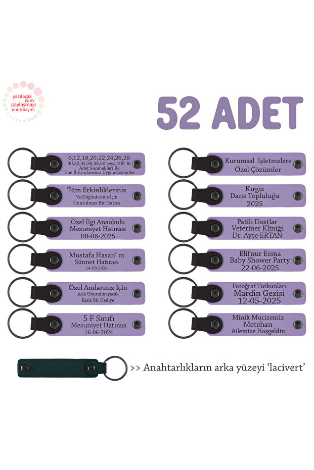Leather Gift Keychain with Personal Message, Purple Violet & Navy Blue, Gift for Wedding and Engagement, Set of 52