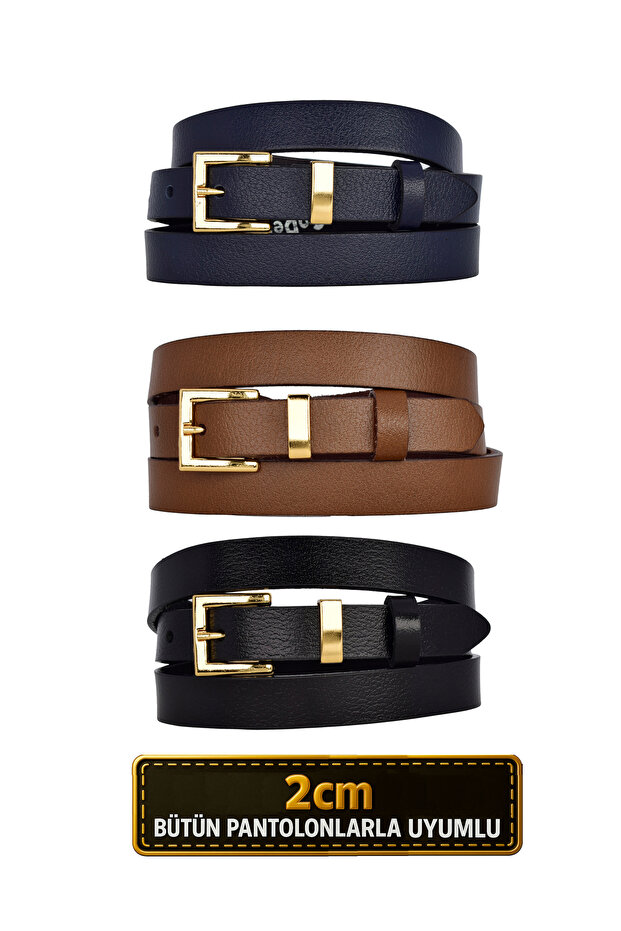 100% Genuine Leather Set of 3 Gold Color Suit Buckle 2cm Women's Belt Black, Navy, Brown_Kare_Gold