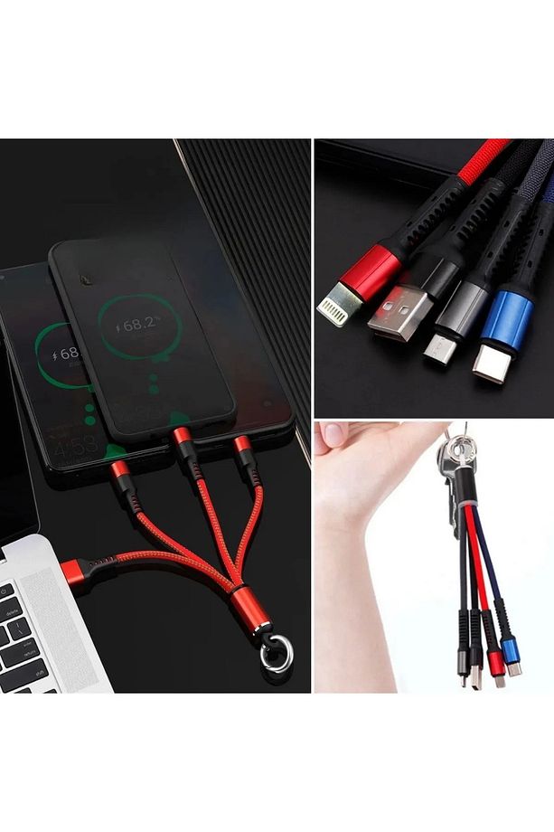 3 in 1 Işıklı Anahtarlık Şarj Kablosu | USB Çıkışlı | Micro Type-C Lightning Uyumlu | Taşınabilir - 6