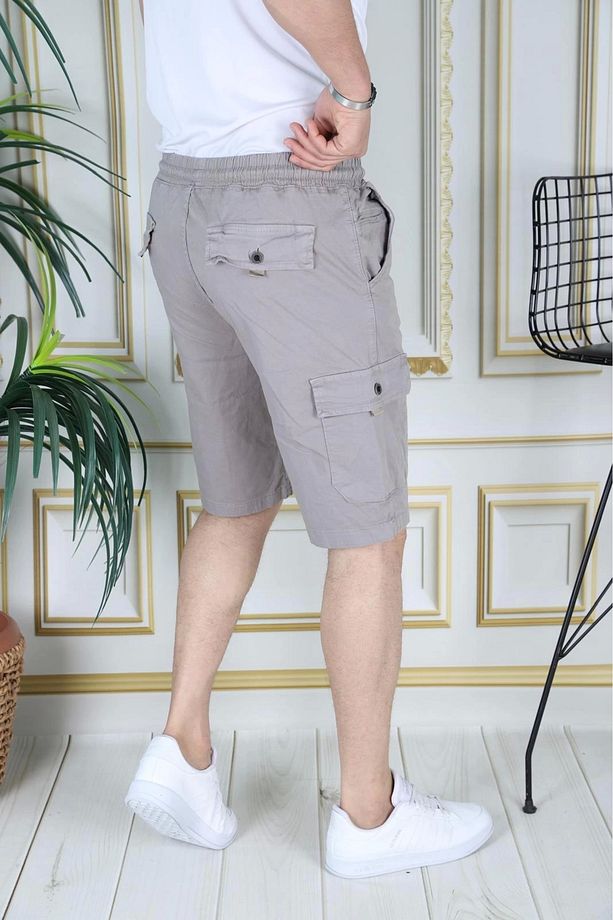 Erkek Taş Renk Likralı Gabardin Şort Kargo Cepli Pamuklu Beli Lastikli Bağcıklı Basic Şort - 7