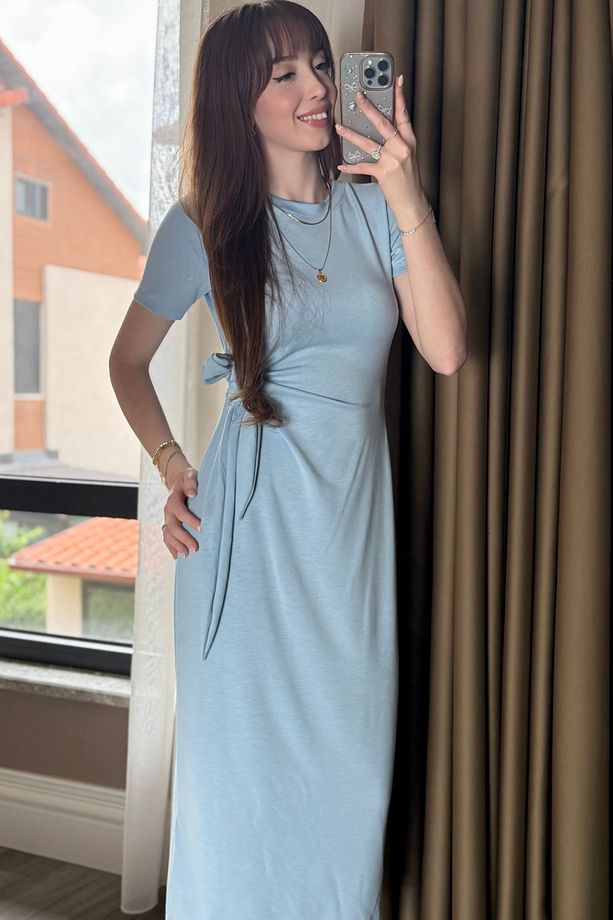 Bağlamalı Midi Modal Mavi Elbise - 7