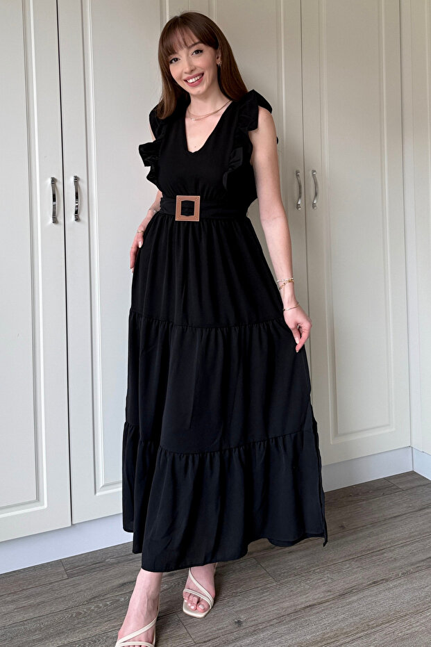 Siyah Kol Fırfırlı Yırtmaçlı Uzun Elbise - 2