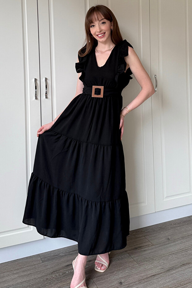 Siyah Kol Fırfırlı Yırtmaçlı Uzun Elbise - 3