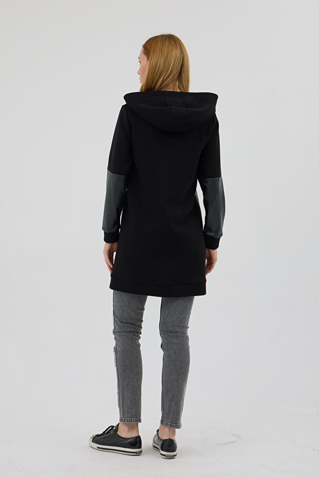 Kapşonlu Deri Detaylı Şardonlu Kap - Siyah - 7