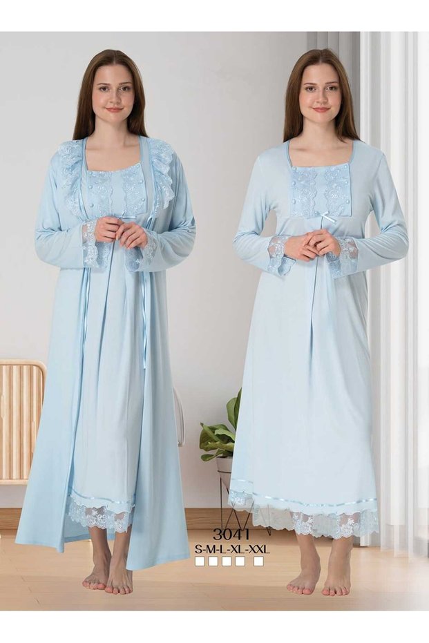 Women's Blue Lace Special Design Long Sleeve Cotton Maternity Maternity Dressing Gown Nightgown Set