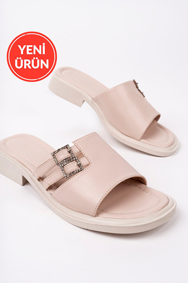 Stella Model Stone Buckle Detailed Daily Beige Women's Slippers