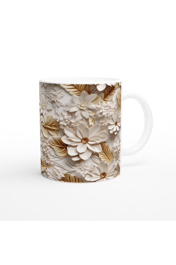 Cream Gold Leaf Patterned Relief Mug - 3