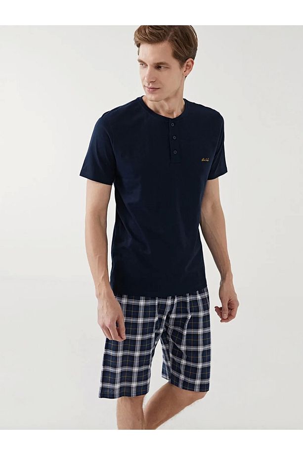 Lacivert Standart Kalıp Bisiklet Yaka %100 Pamuk Kısa Kollu Erkek Şortlu Pijama Takımı - 3