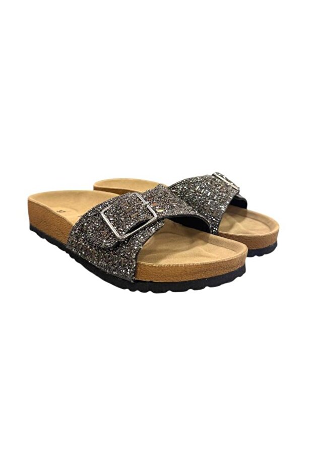 Anatomical Sole Buckle Stone Embroidered Slippers