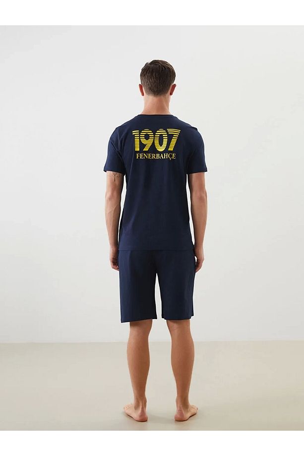 Lacivert Bisiklet Yaka FB Taraftar Baskılı %100 Pamuk Erkek Şortlu Pijama Takımı - 2