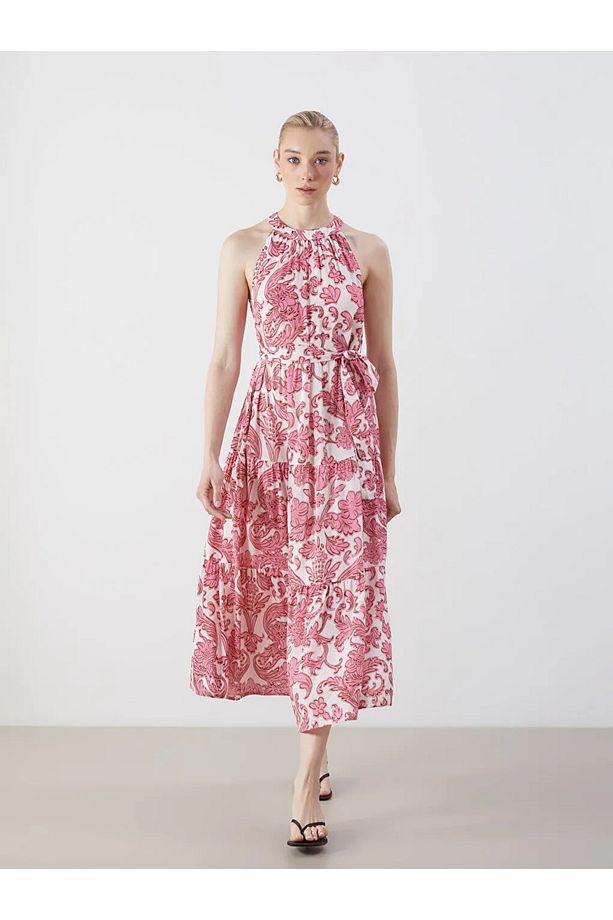 LCW Vision Pembe Halter Yaka Çiçekli Elbise - 1