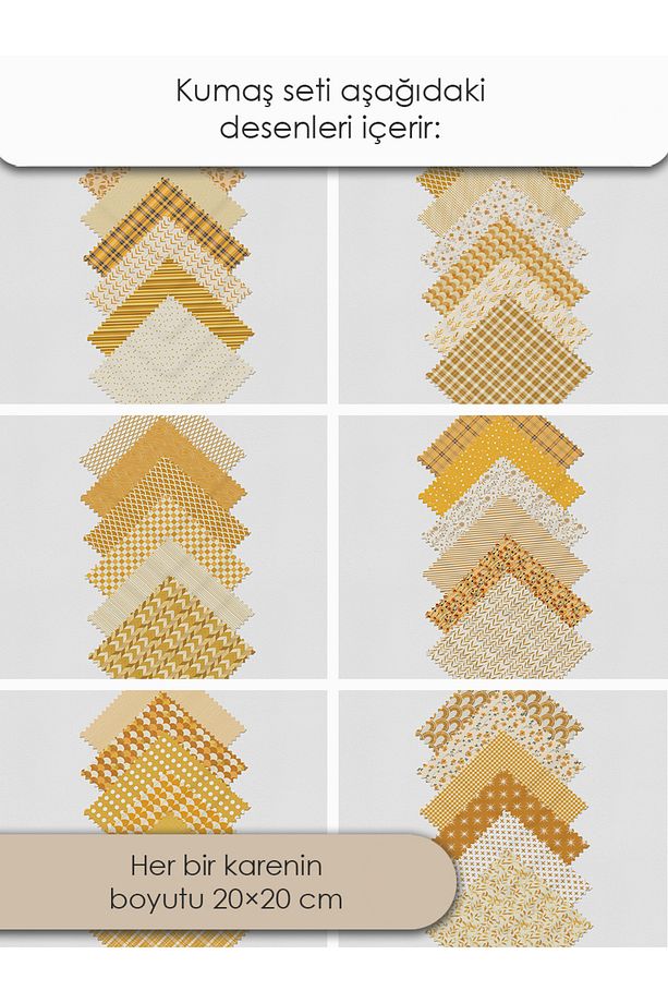 Patchwork Kumaş Seti – 35 Adet 20x20cm, %100 Pamuk, Sarı Renkli Geometrik ve Çiçekli Desenler - 6