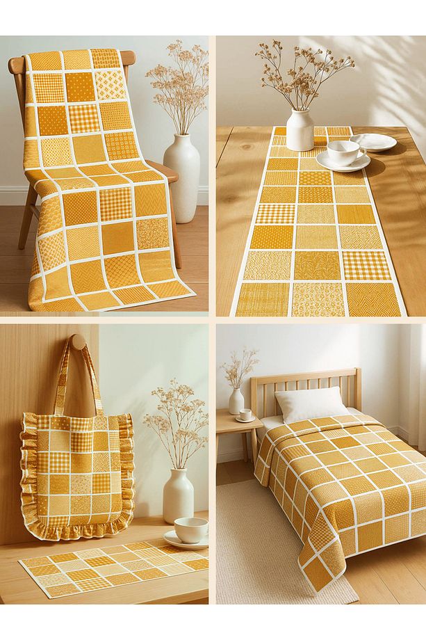 Patchwork Kumaş Seti – 35 Adet 20x20cm, %100 Pamuk, Sarı Renkli Geometrik ve Çiçekli Desenler - 8
