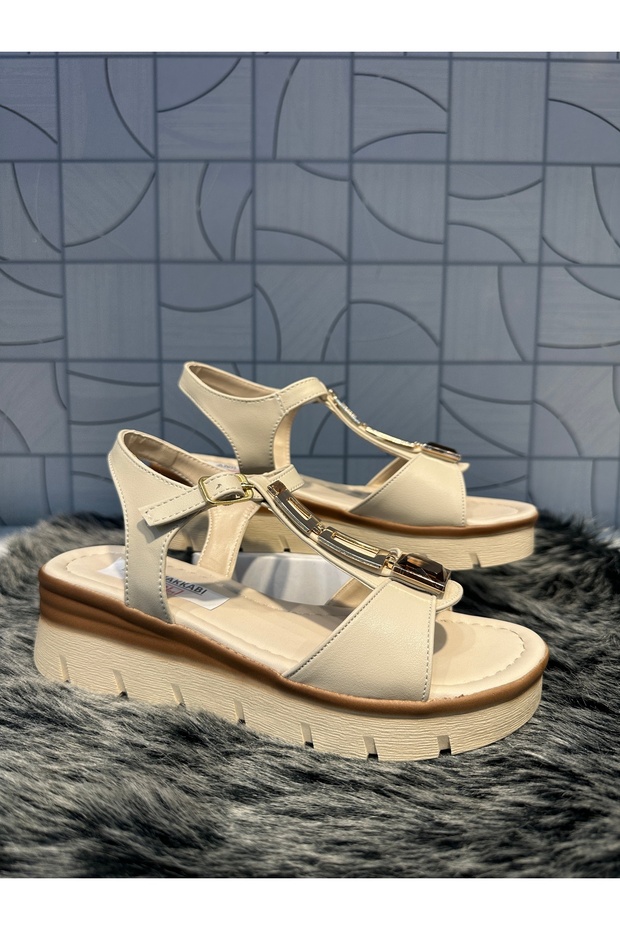 Castle 35157 Beige Cream Pole Buckle Detail Wedge Heel Laced Daily Orthopedic Sandals Shoes