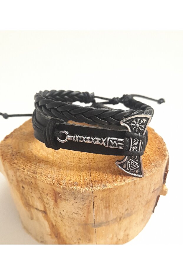Valknut Axe Figured 2-Piece Fashion Genuine Leather Bracelet