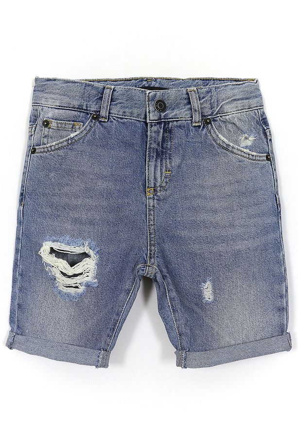 Cep Detaylı Duble Paça Beli Lastik Ayarlı Erkek Çocuk Destroyed Yırtık Kot Denim Şort Mavi - 1