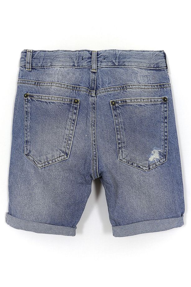 Cep Detaylı Duble Paça Beli Lastik Ayarlı Erkek Çocuk Destroyed Yırtık Kot Denim Şort Mavi - 2