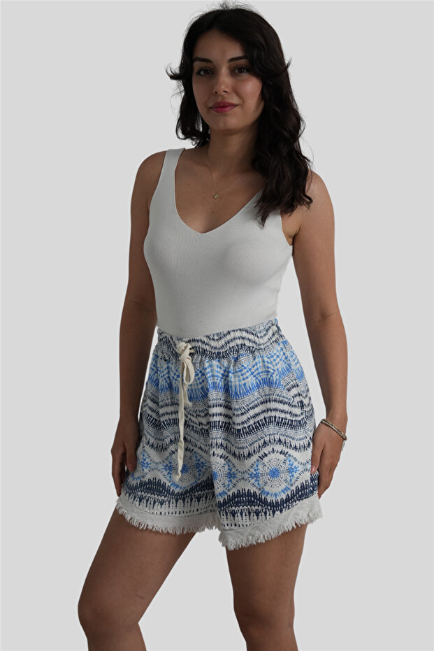 White Wave Patterned Linen Shorts