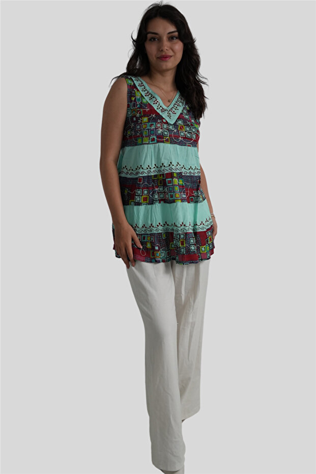 Turquoise Thick Strap Embroidery Detailed Half Button Bohemian Blouse