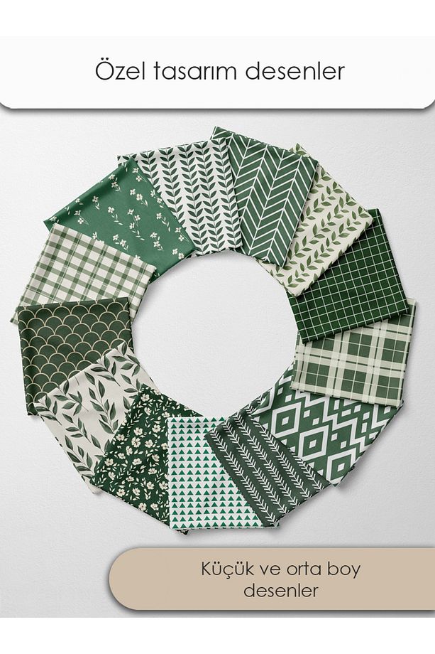 Patchwork Kumaş Seti – 35 Adet 20x20cm, %100 Pamuk, Yeşil Geometrik ve Yapraklı Desenler - 2