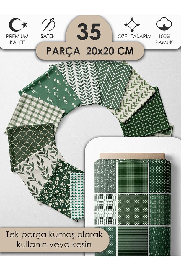 Patchwork Kumaş Seti – 35 Adet 20x20cm, %100 Pamuk, Yeşil Geometrik ve Yapraklı Desenler - 1