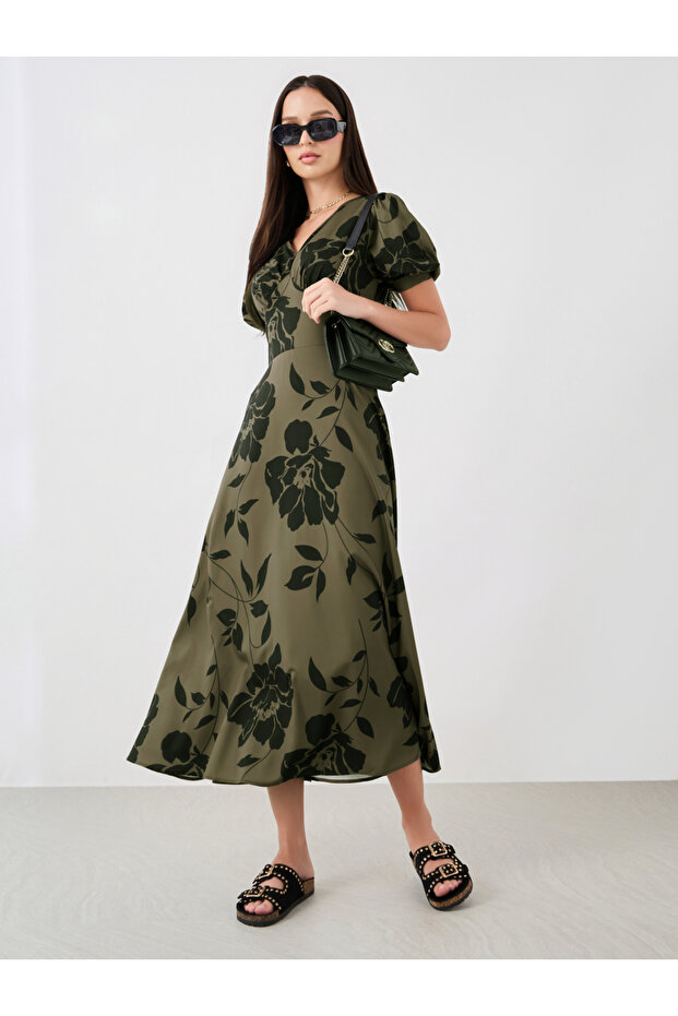 Graphic Print V-Neck Puff Sleeve Midi Dress