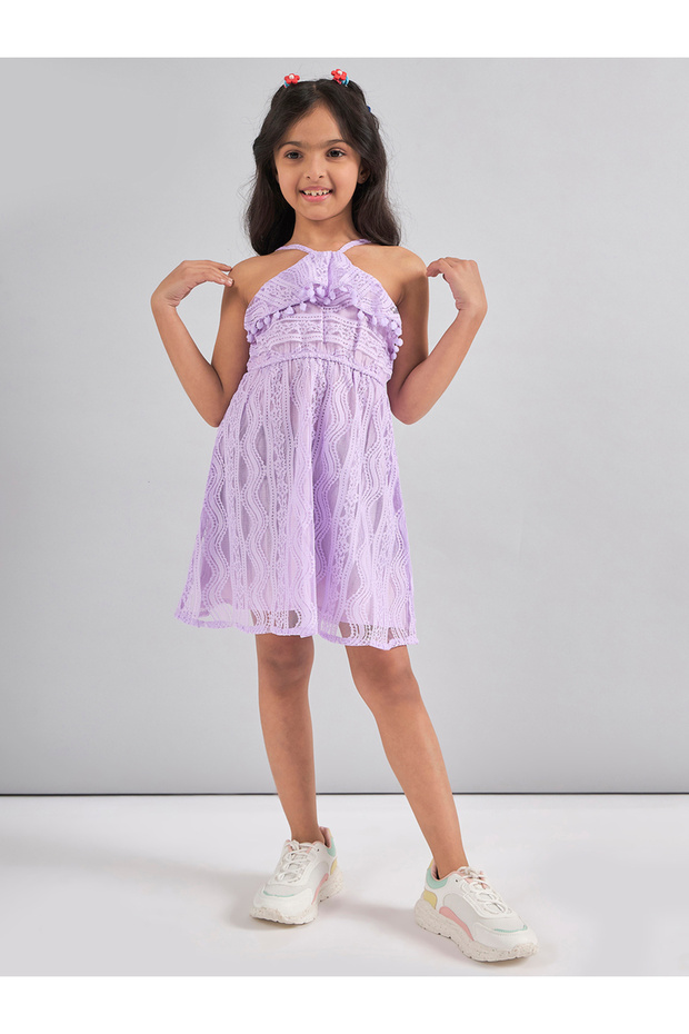 Self Design Halter Neck A-Line Dress with Pompom Detail