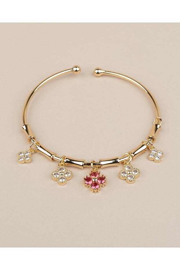 Fiora Adjustable Pink Floral Charm Handcuff Bracelet