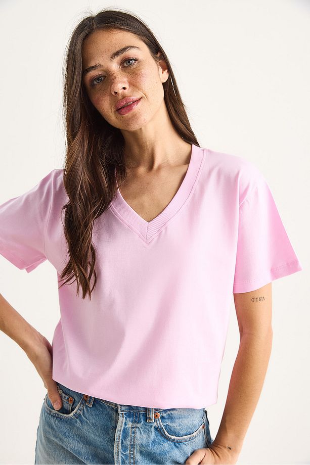 Kadın %100 Organik Pamuk Derin V Yakalı Comfort Fit T-Shirt 60602066 - 3