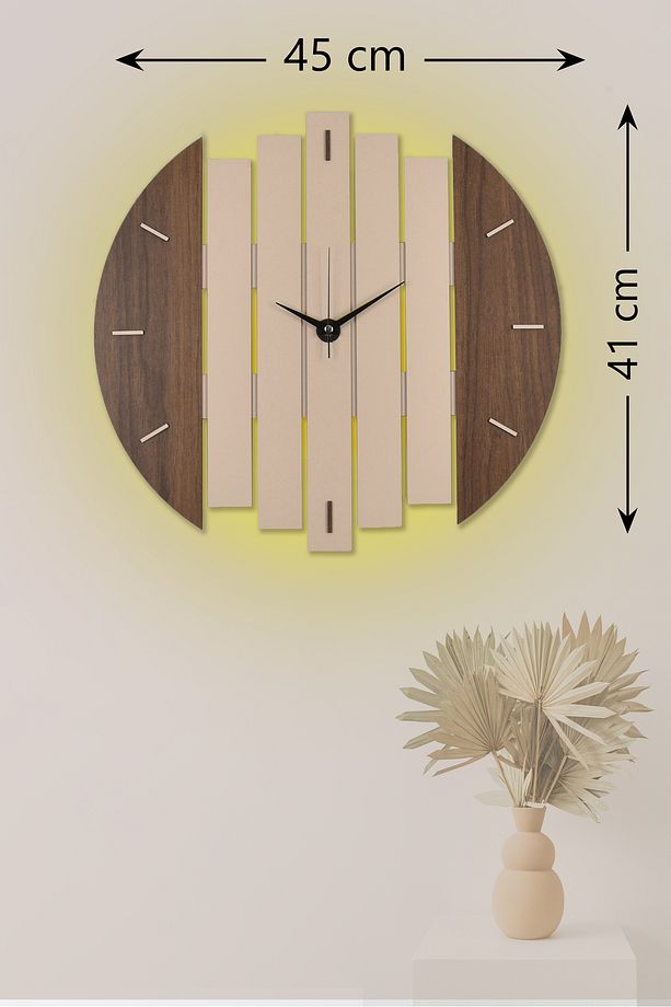 Dekoratif Ahşap Işıklı Krem Duvar Saati Büyük Boy 41x45 Cm Ledli Duvar Saati - Atlas - 2