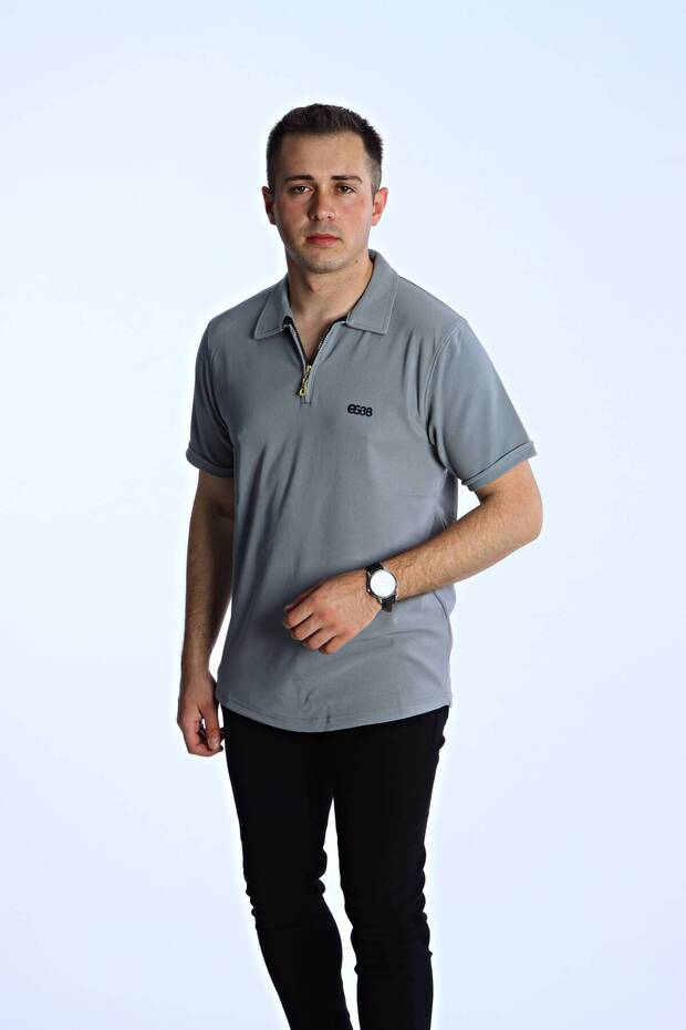 Pearl Teeth Half Zipper T-Shirt Light Gray