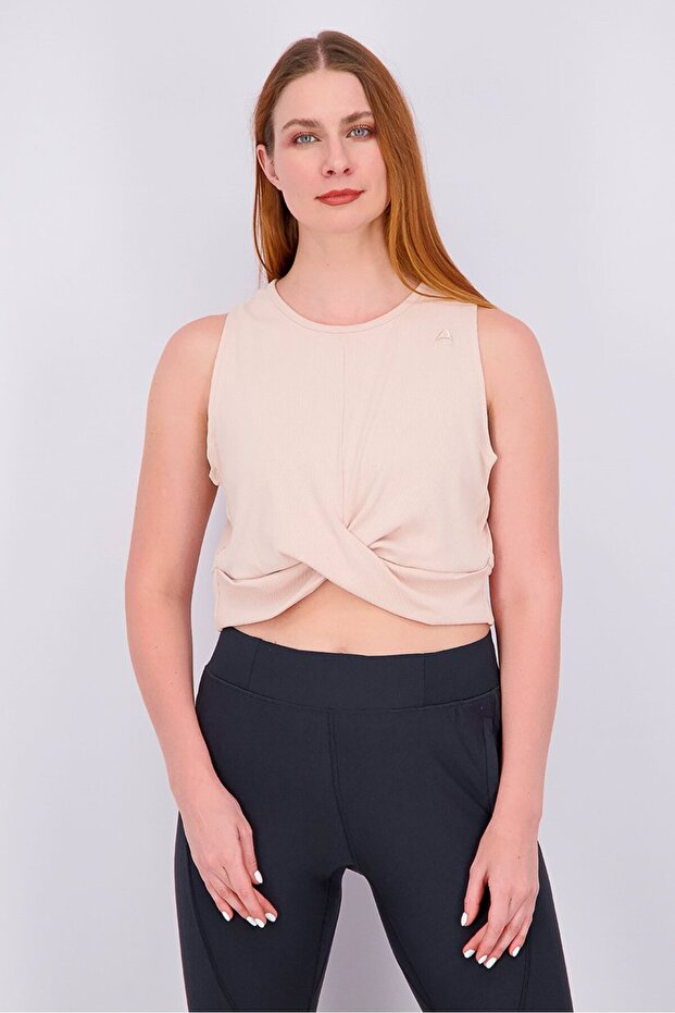 Women Sleeveless Novelty Crop Top, Beige