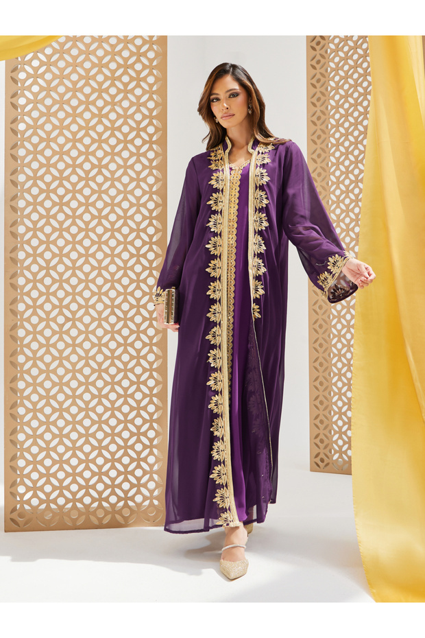 Lace Trim Collared Abaya and Inner Dress Set