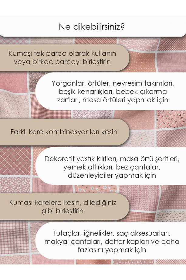 Patchwork Saten Kumaş Seti – 35 Adet, %100 Pamuk, Pudra Pembe Çiçekli ve Zarif Desenler - 5