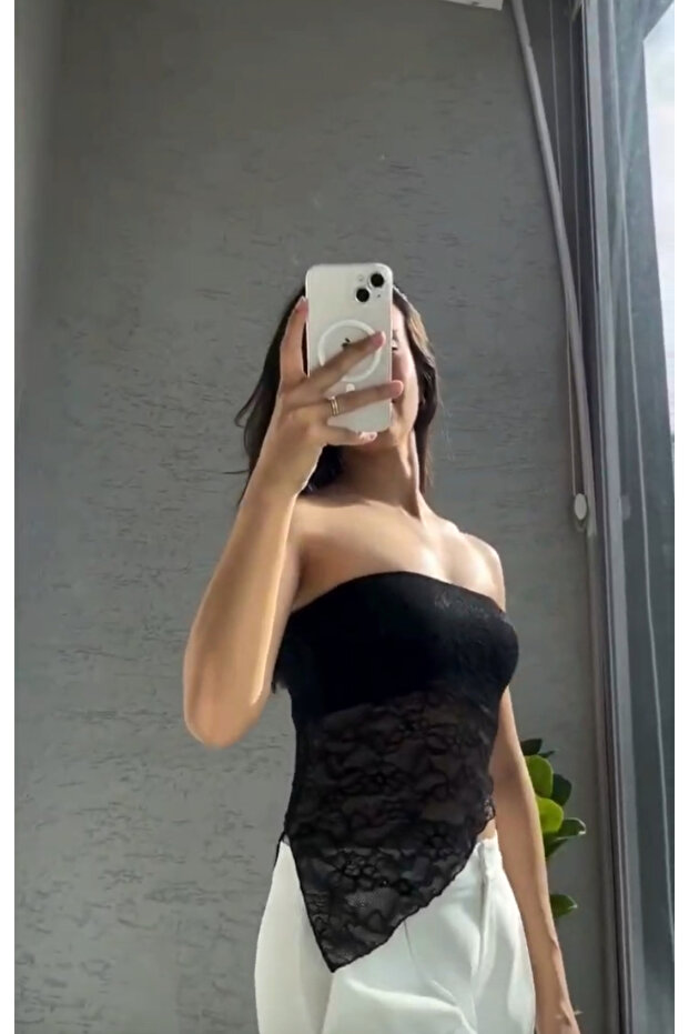 Women's Asymmetrical Cut Lace Detail Strapless Neckline Blouse Trm2300