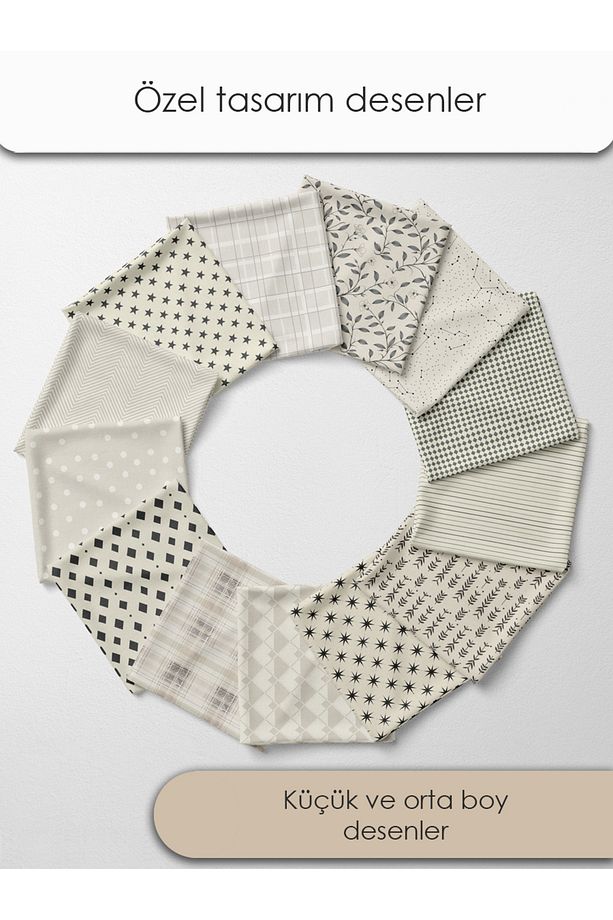 Patchwork Saten Kumaş Seti – 35 Adet, %100 Pamuk, Bej Renkli, İskandinav Tarzı Desenler - 2