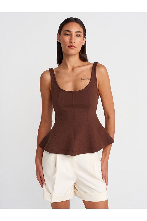21063 Kalın Askılı Peplum Top-Açık Kahve - 1