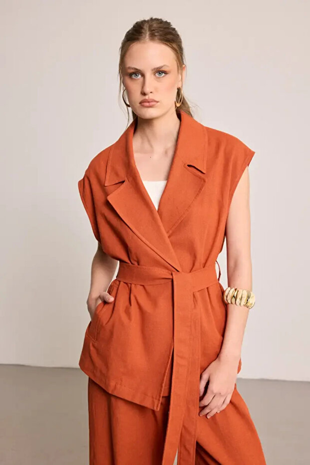 Linen Vest with Belt - Tile