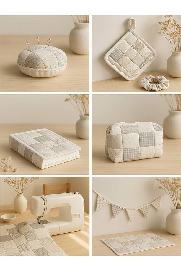 Patchwork Saten Kumaş Seti – 35 Adet, %100 Pamuk, Bej Renkli, İskandinav Tarzı Desenler - 7