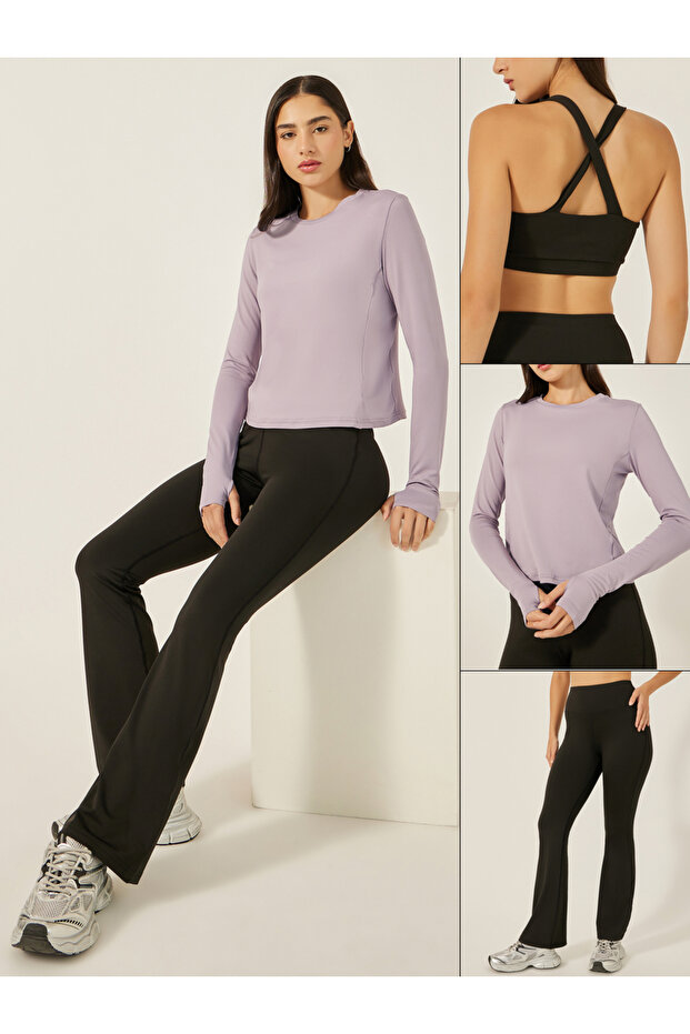 Pack of 3 - Multi Cross Back Padded Sports Bra, Panelled Top and Flared Leggings