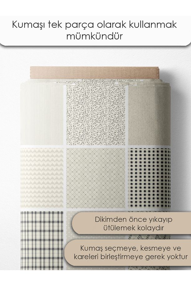 Patchwork Saten Kumaş Seti – 35 Adet, %100 Pamuk, Bej Renkli, İskandinav Tarzı Desenler - 3