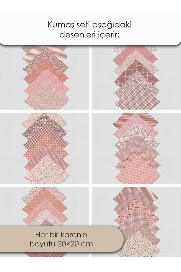 Patchwork Saten Kumaş Seti – 35 Adet, %100 Pamuk, Pudra Pembe Çiçekli ve Zarif Desenler - 6